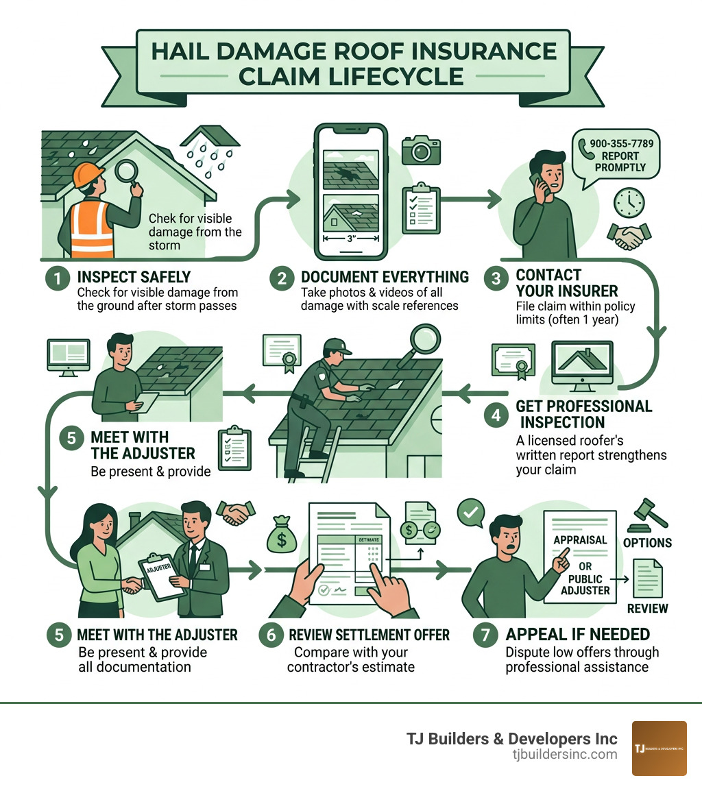 Hail damage roof insurance claim lifecycle infographic showing 7 steps from inspection to settlement - hail damage roof