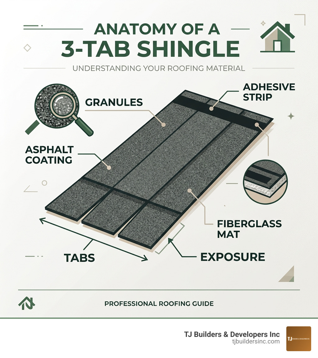 Infographic showing anatomy of a 3-tab shingle strip with labels for tabs, exposure, granules, and adhesive strip - 3 tab