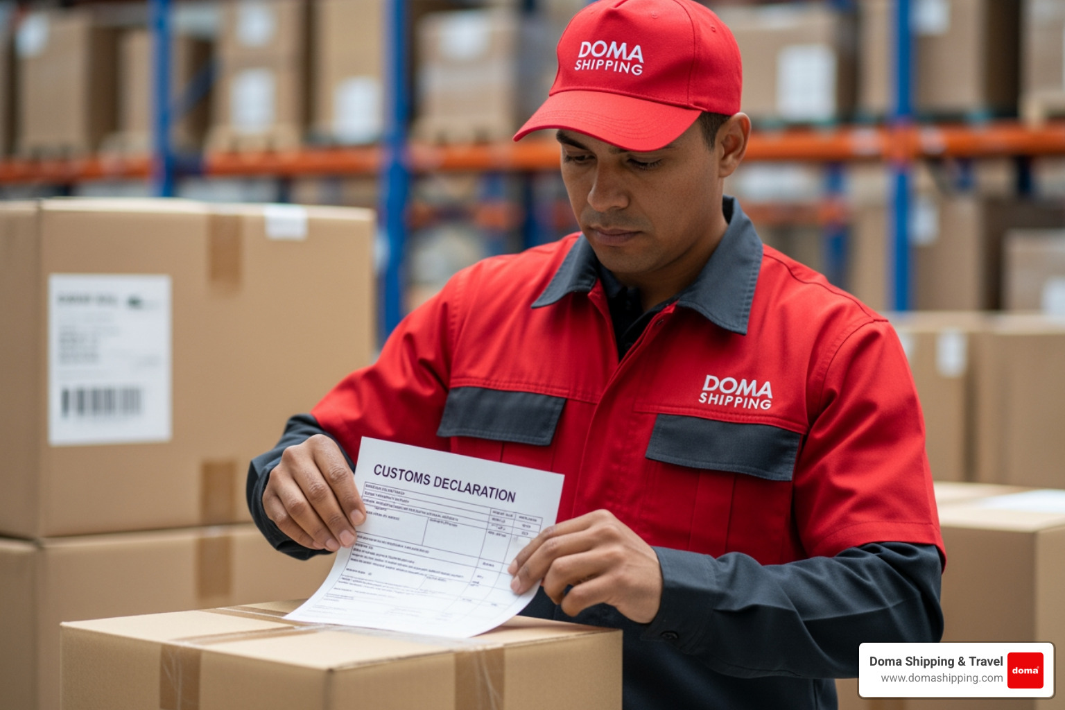 A worker in a red Doma Shipping uniform carefully attaching a customs declaration form to a package - international postage