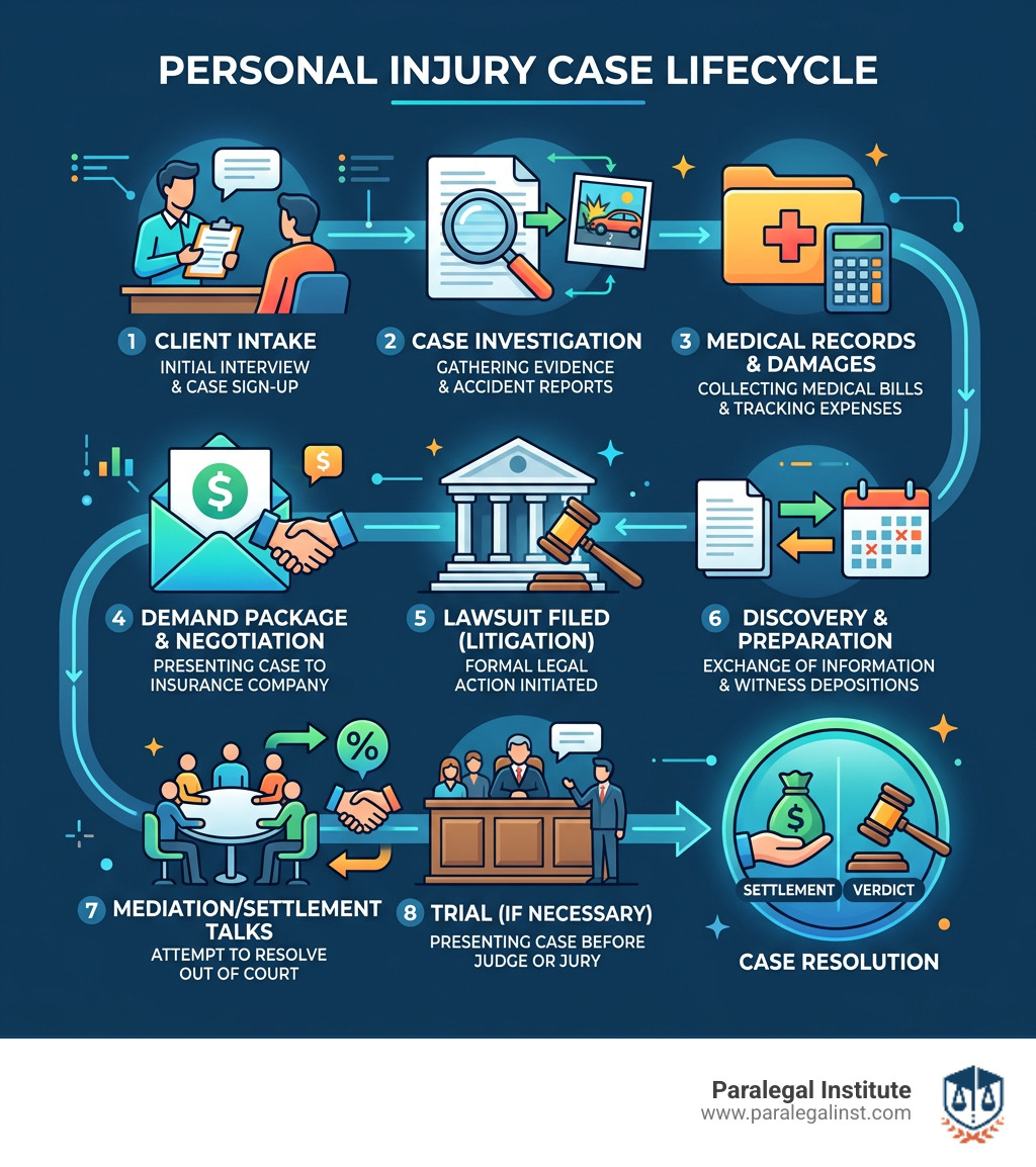 Personal injury case lifecycle infographic showing stages from client intake to settlement or trial - personal injury Personal injury case lifecycle infographic showing stages from client intake to settlement or trial - personal injury