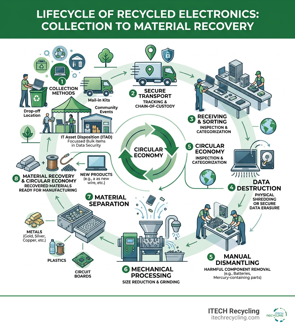 Lifecycle of recycled electronics from collection to material recovery infographic - Electronics recycling solutions Lifecycle of recycled electronics from collection to material recovery infographic - Electronics recycling solutions