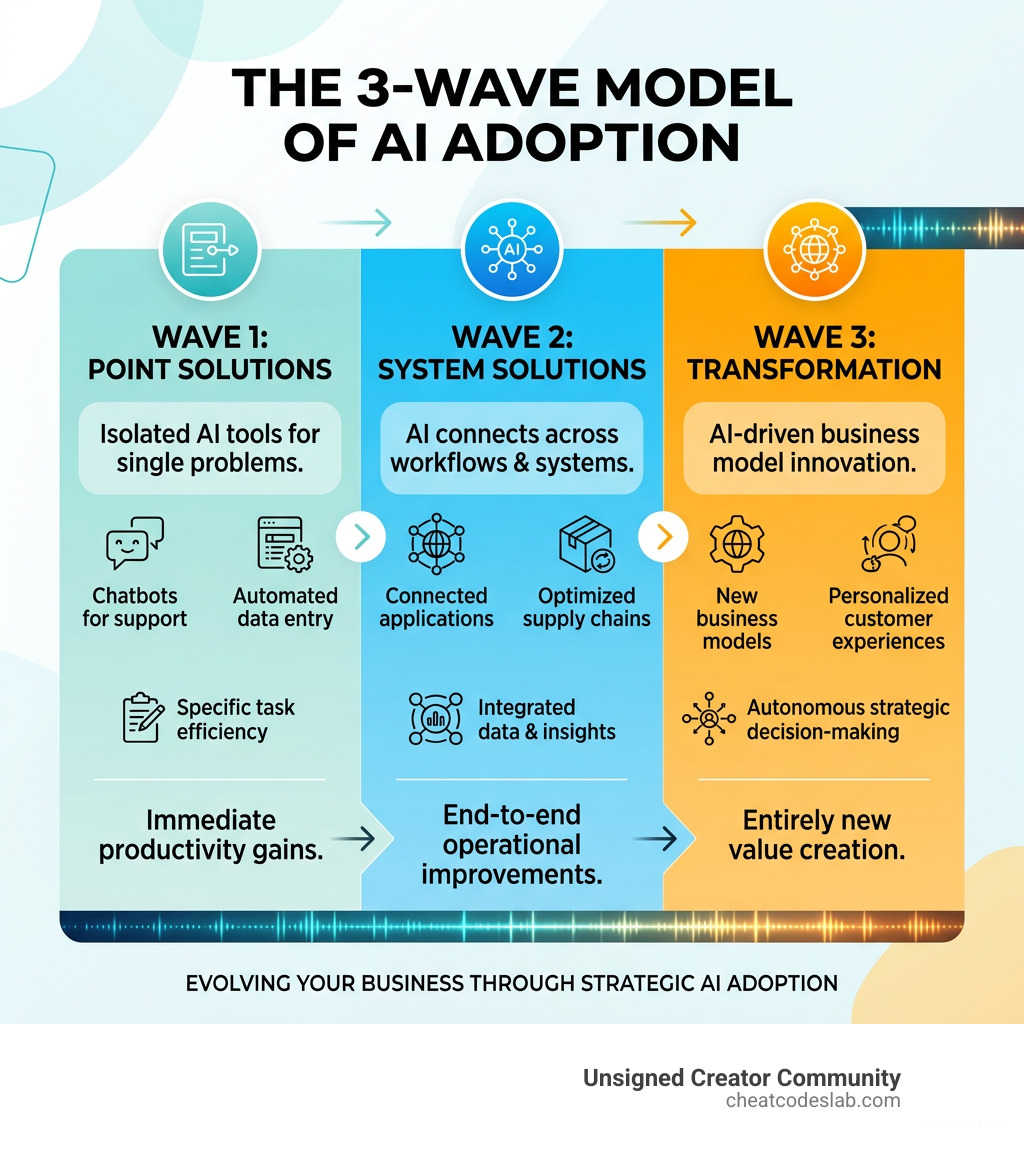 3-wave model of AI adoption showing Wave 1 point solutions, Wave 2 system solutions, Wave 3 transformation - ai strategy