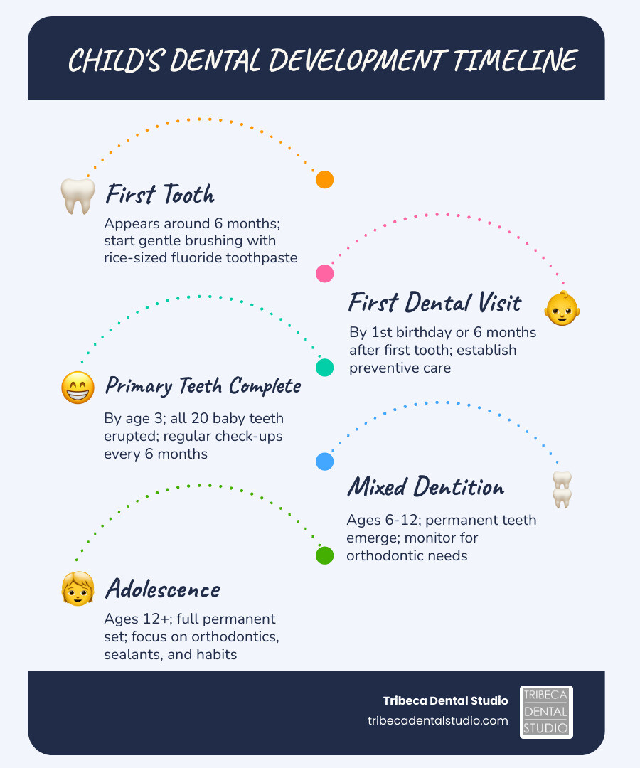 Timeline of a child's dental development from first tooth through adolescence, with recommended dental visit milestones