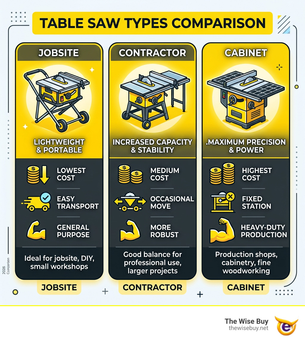 Comparison infographic: jobsite vs contractor vs cabinet table saws by price, portability, and power - cheap table saw for Comparison infographic: jobsite vs contractor vs cabinet table saws by price, portability, and power - cheap table saw for