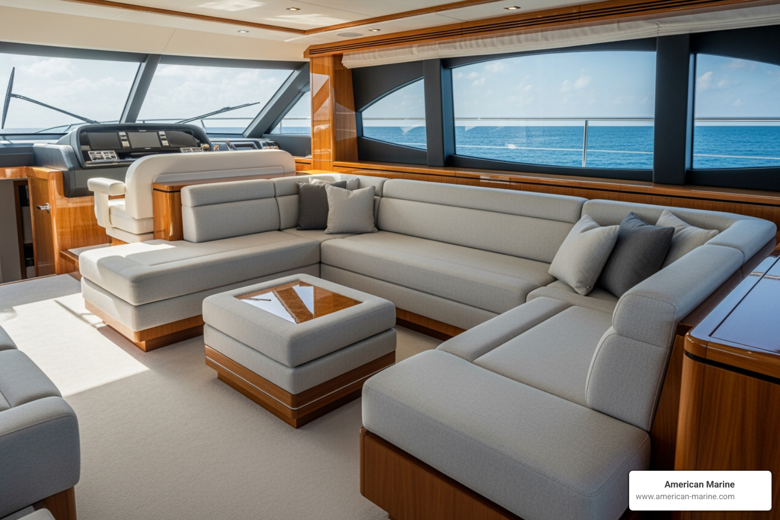 Luxury yacht salon featuring a custom-fabricated sectional sofa with precision-fitted marine upholstery - Custom marine