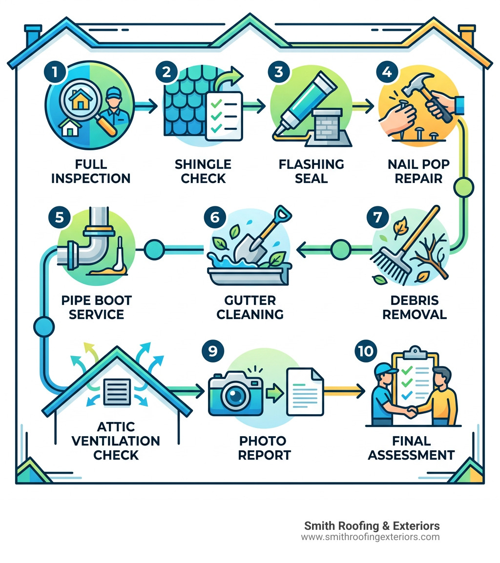 Infographic showing the 10-point roof tune-up process: inspection, shingle check, flashing seal, nail pops, pipe boots Infographic showing the 10-point roof tune-up process: inspection, shingle check, flashing seal, nail pops, pipe boots