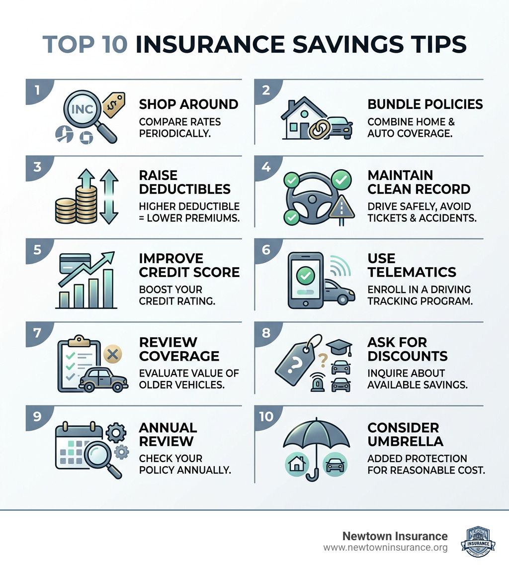 Top 10 insurance savings tips infographic showing key ways to reduce premiums - insurance savings tips infographic Top 10 insurance savings tips infographic showing key ways to reduce premiums - insurance savings tips infographic