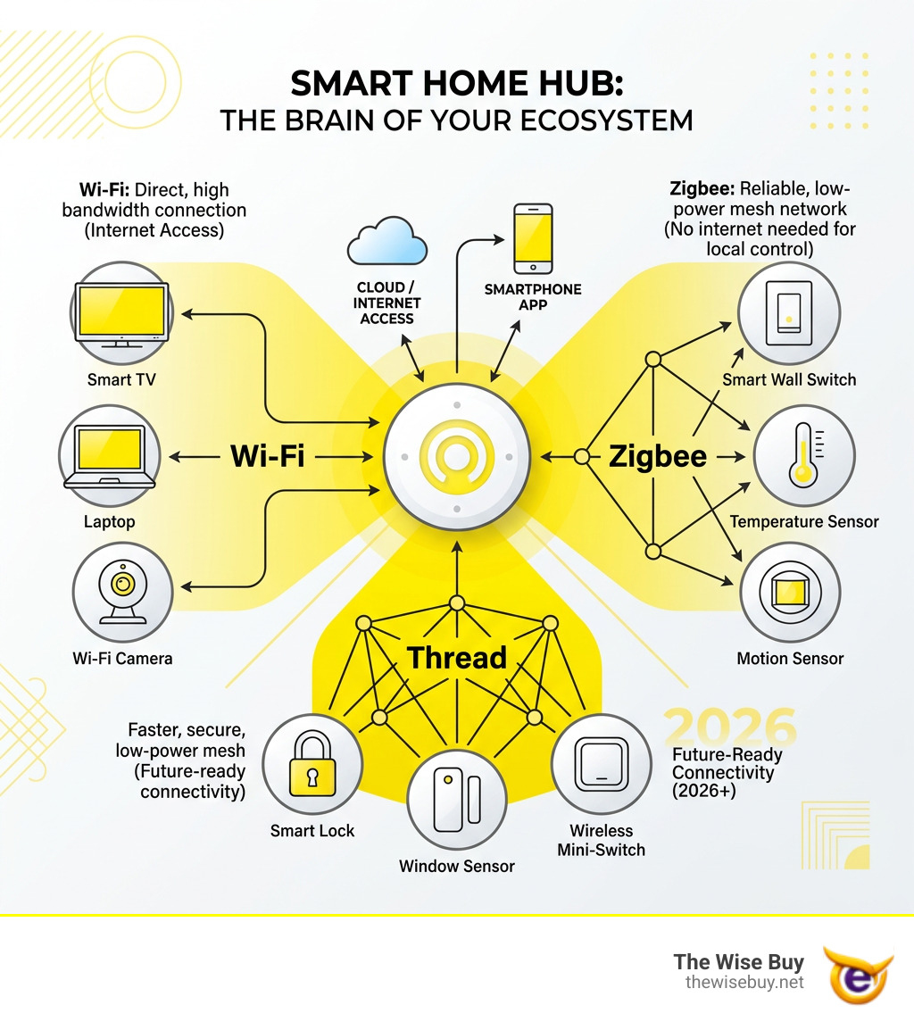 infographic explaining how a smart home hub connects various devices via Wi-Fi, Zigbee, and Thread - useful smart home infographic explaining how a smart home hub connects various devices via Wi-Fi, Zigbee, and Thread - useful smart home