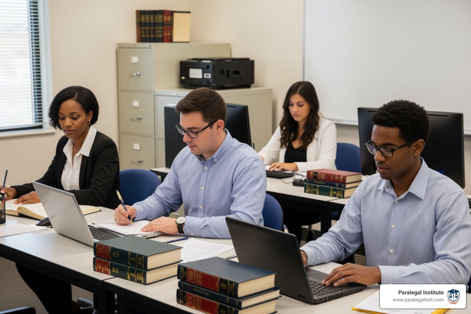 Students engaged in hands-on legal vocational training, drafting documents and researching case law - 15 week hands on