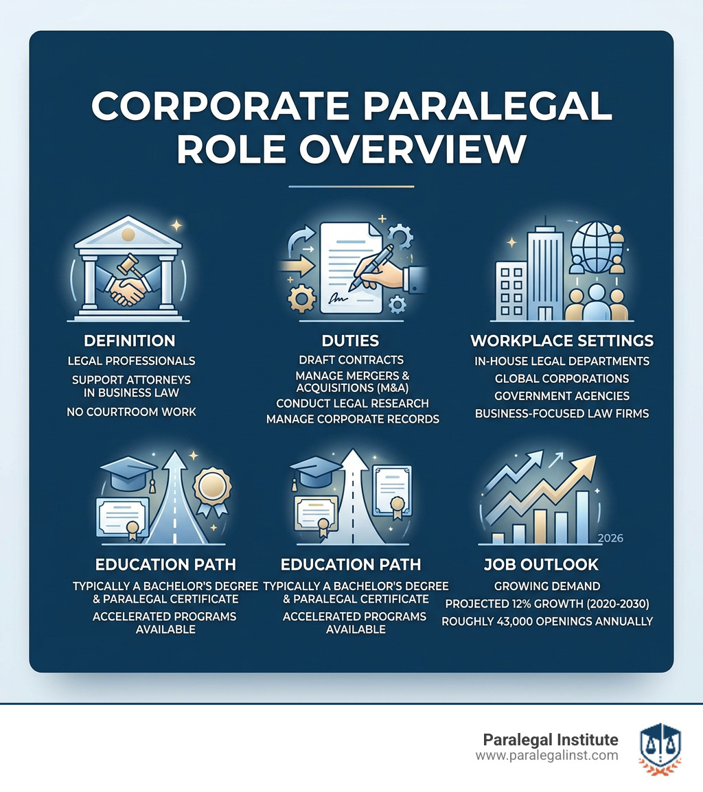 Infographic showing corporate paralegal role overview: definition, duties, workplace settings, education path, and job