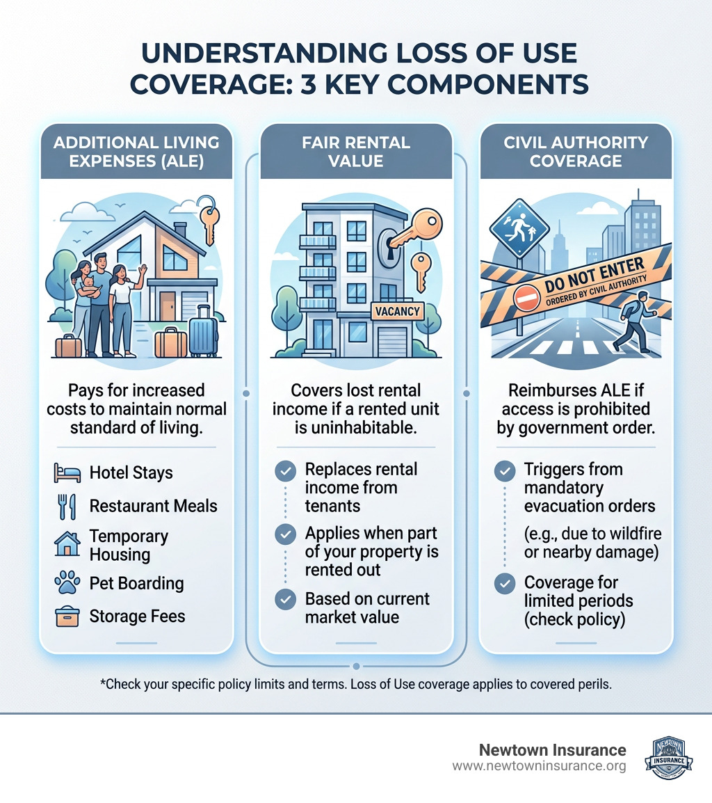 Infographic showing three components of loss of use: ALE, Fair Rental Value, and Civil Authority coverage - Loss of use Infographic showing three components of loss of use: ALE, Fair Rental Value, and Civil Authority coverage - Loss of use