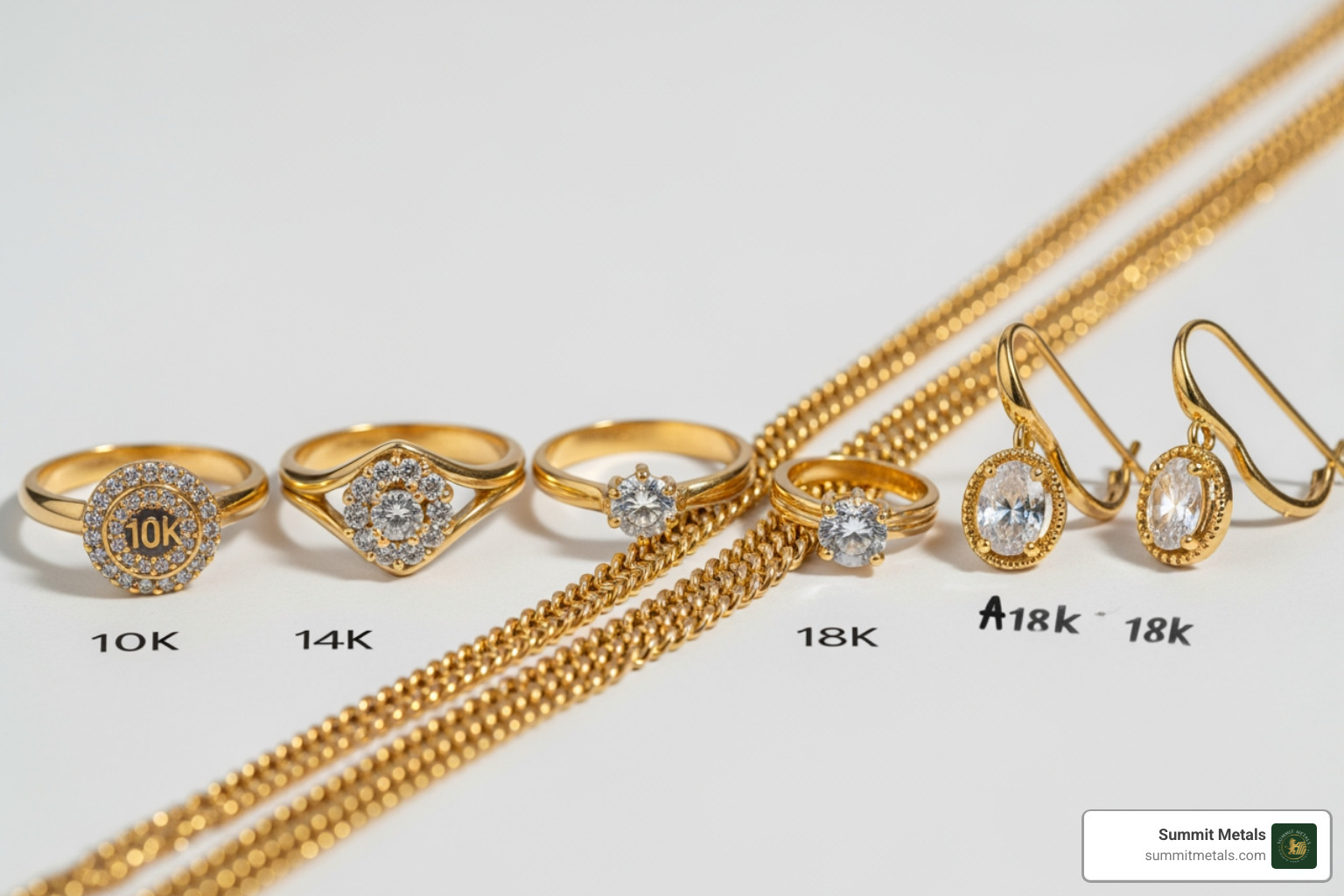 Close up of 10k, 14k, and 18k gold jewelry for comparison - 24k gold value per gram