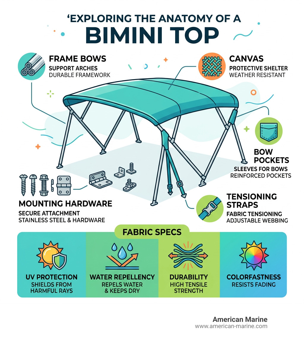 Infographic showing bimini top components: frame bows, canvas, mounting hardware, bow pockets, tensioning straps, and fabric
