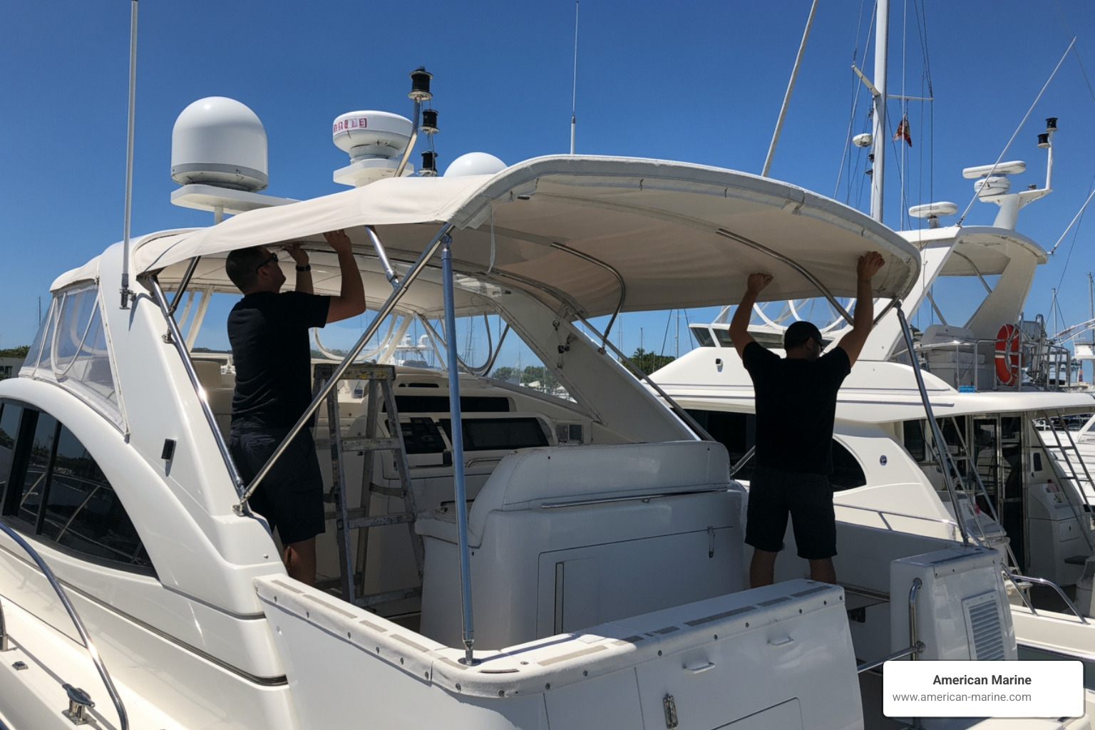 Boat bimini top replacement on a large luxury yacht canvas refit - Boat bimini top replacement