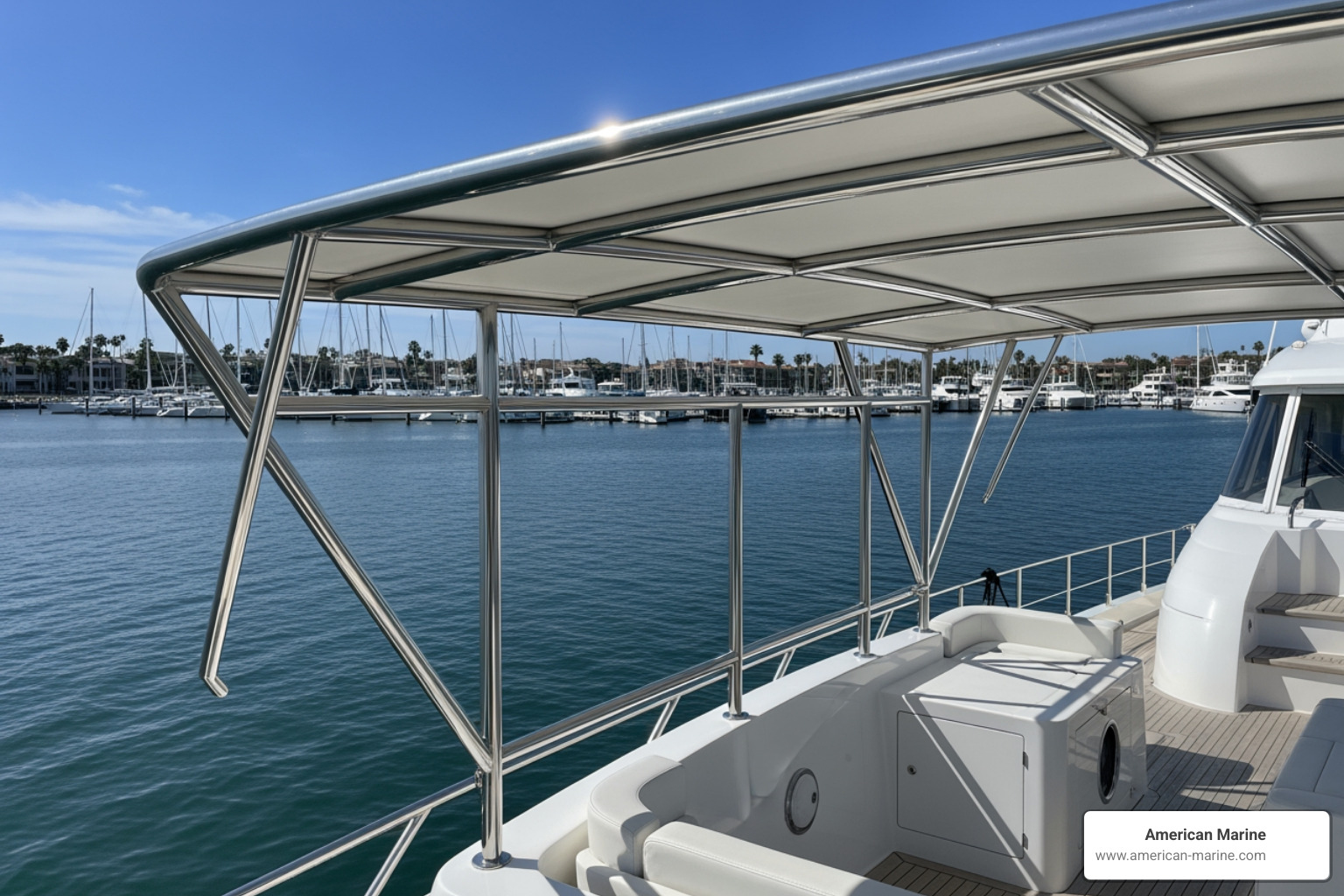 Custom 316L stainless steel bimini framework on a 75-foot motor yacht - Boat bimini top replacement