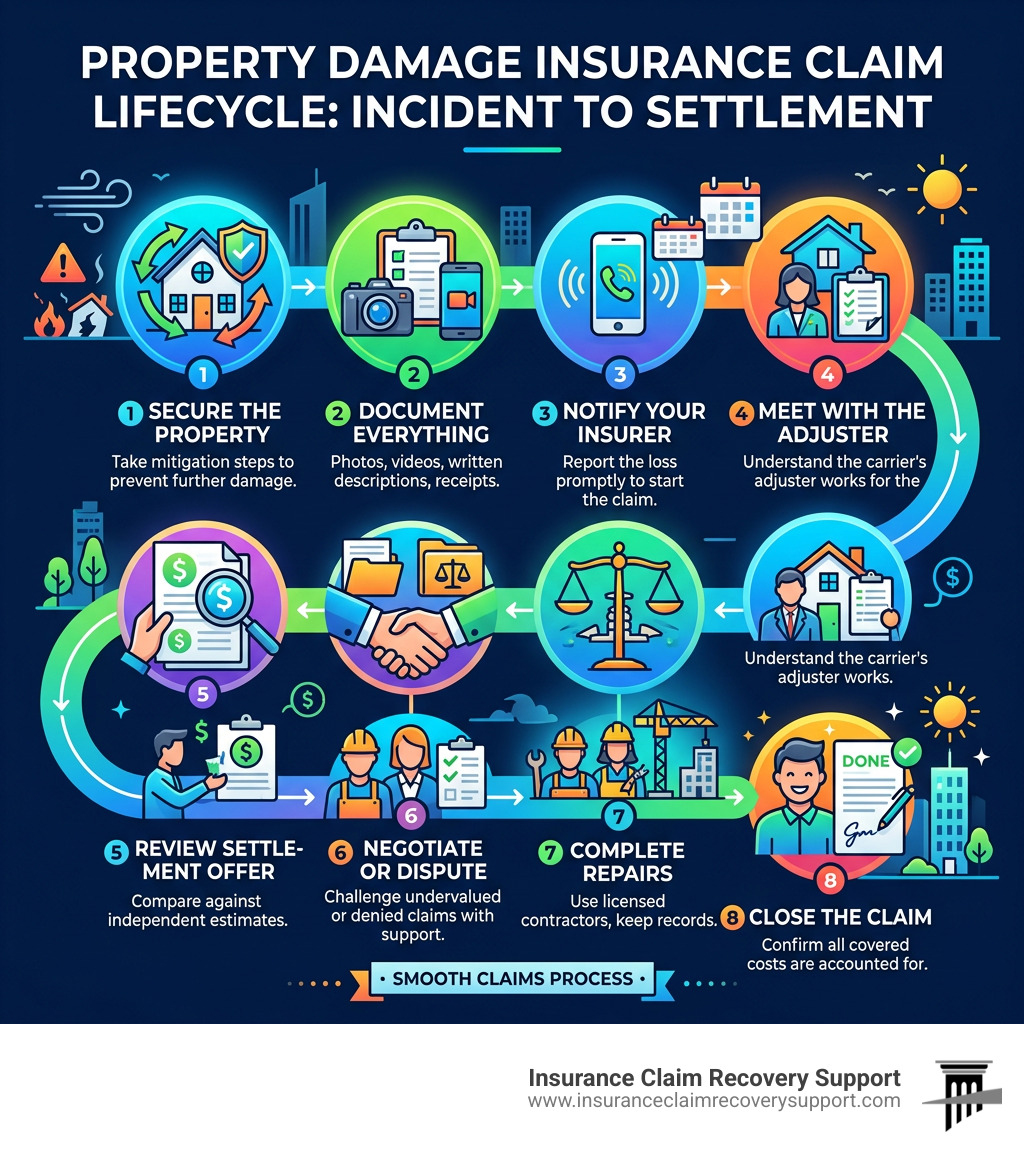 Property damage insurance claim lifecycle infographic from incident to final settlement - Property damage insurance claims Property damage insurance claim lifecycle infographic from incident to final settlement - Property damage insurance claims