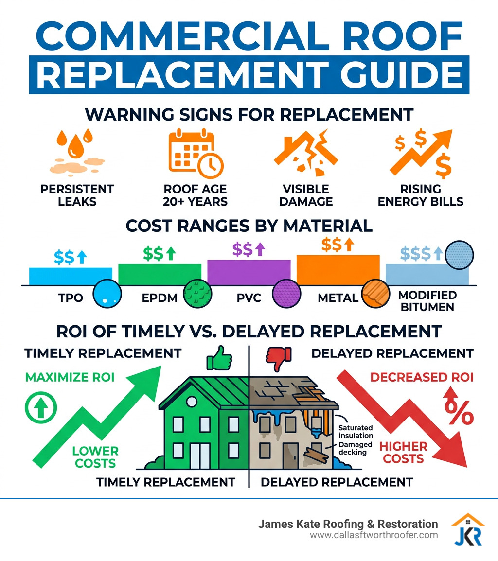 Infographic showing warning signs for replacement, cost ranges by material, and ROI of timely vs. delayed commercial roof Infographic showing warning signs for replacement, cost ranges by material, and ROI of timely vs. delayed commercial roof
