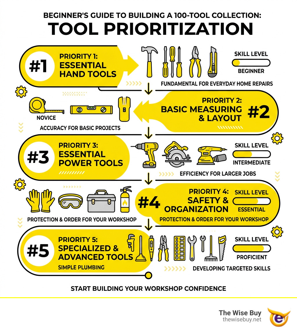 Infographic showing tool prioritization by category and skill level for beginners building their first 100-tool collection