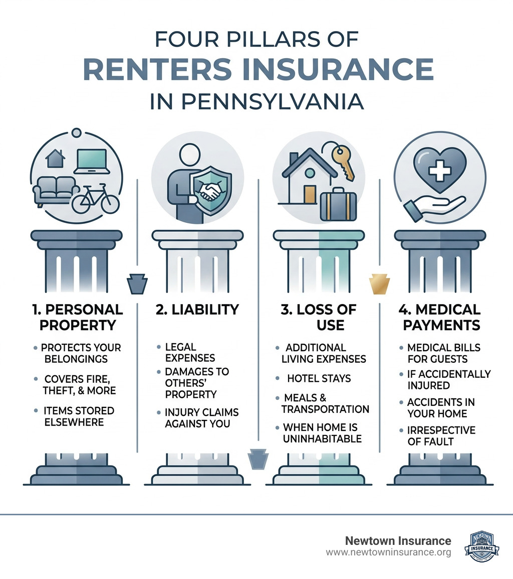 Four pillars of renters insurance in Pennsylvania: personal property, liability, loss of use, medical payments - renters