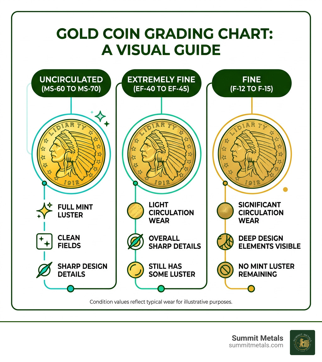 Grading chart infographic: Visual guide to Uncirculated, Extremely Fine, and Fine conditions for gold coins - 5 dollar