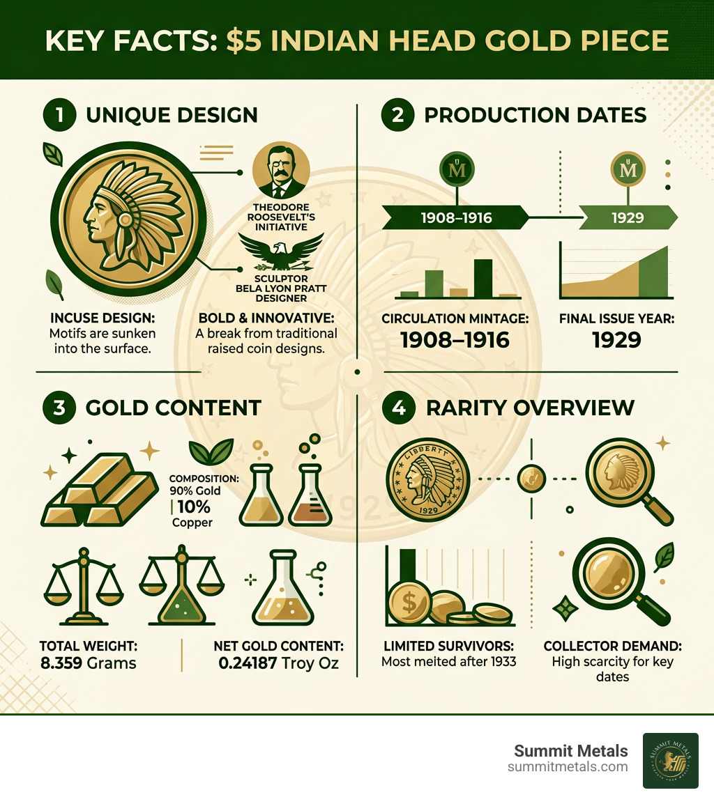 Key facts infographic: 5 dollar indian head gold piece design, dates, gold content, and rarity overview - 5 dollar indian