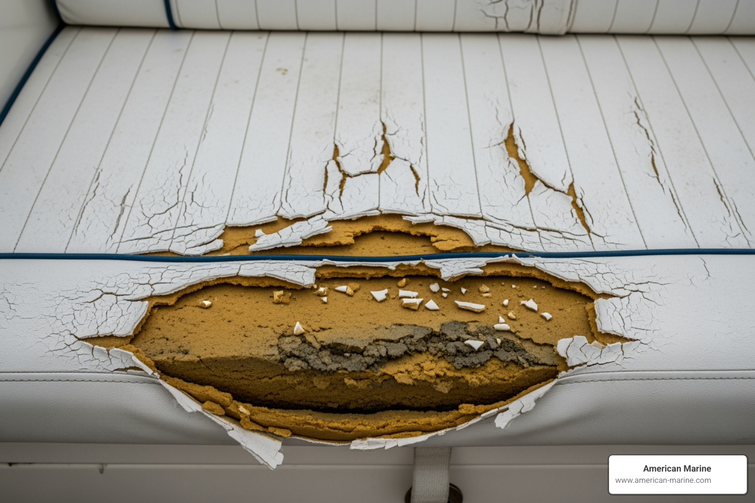 Degraded foam and cracked vinyl on a bridge deck showing UV damage and moisture retention - Marine cushion replacement