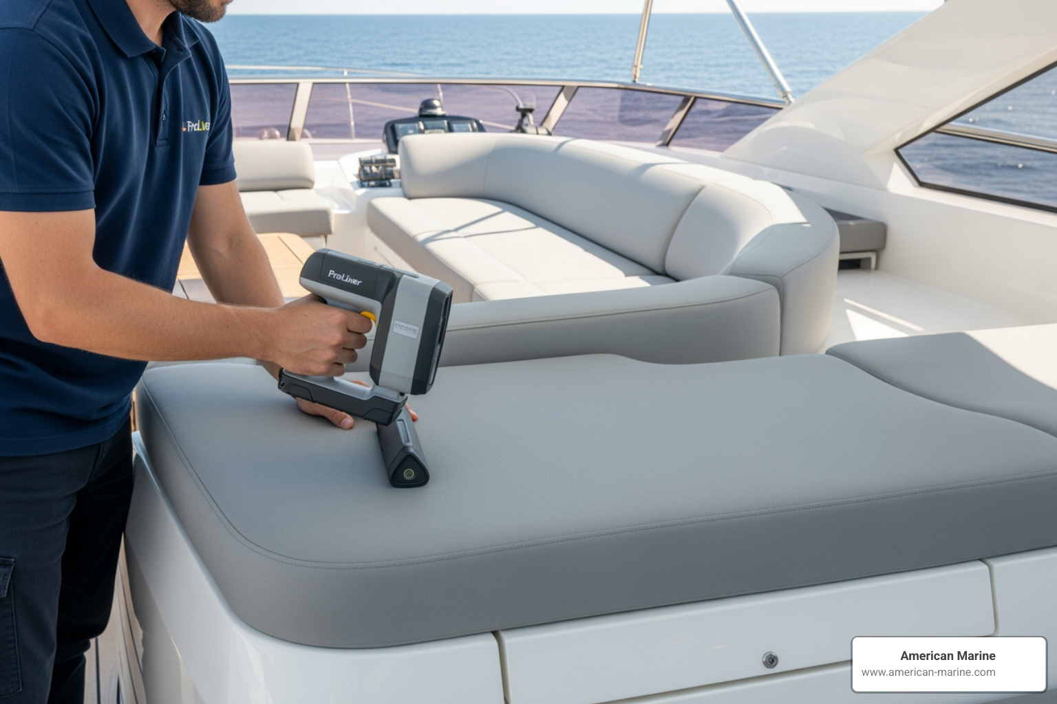 ProLiner 3D digital measuring tool being used in a yacht cockpit for precision templating - Marine cushion replacement