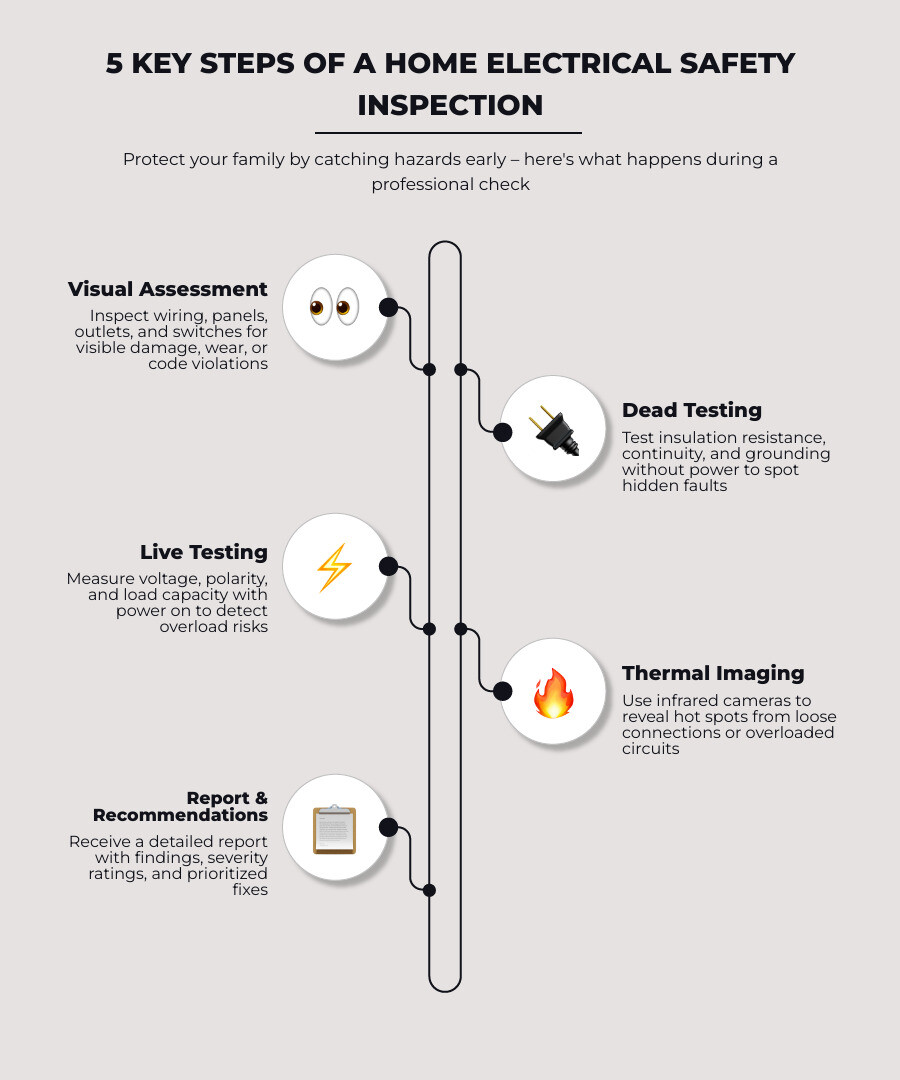 Infographic showing the 5 key steps of a home electrical safety inspection process - electrical safety inspection Infographic showing the 5 key steps of a home electrical safety inspection process - electrical safety inspection