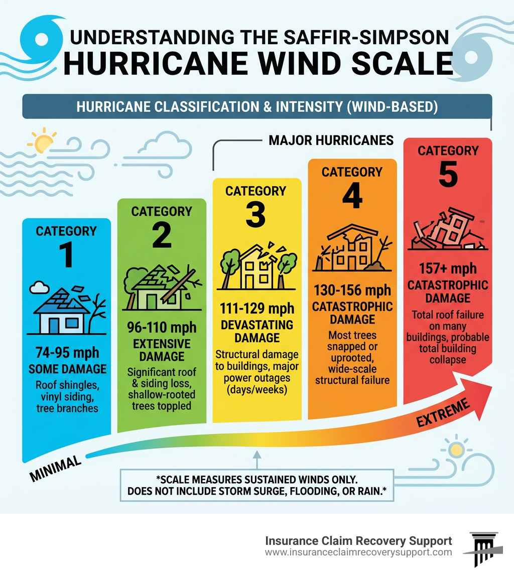 Hurricane classification infographic showing Saffir-Simpson scale categories 1-5 with wind speeds and damage levels