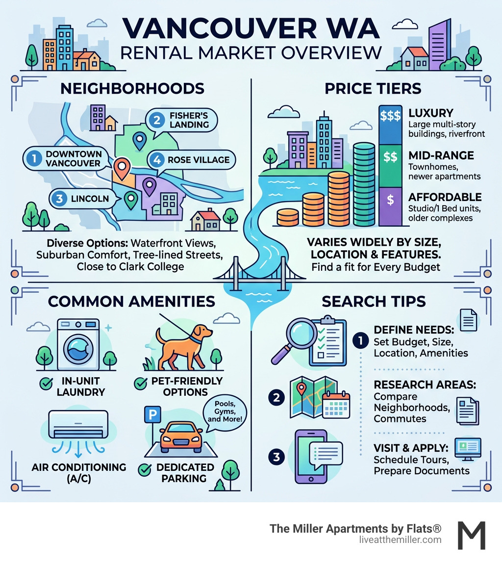 Infographic showing Vancouver WA rental market overview: neighborhoods, price tiers, amenities, and search tips - Vancouver