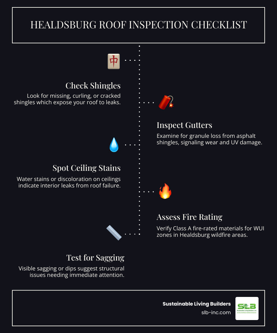 Infographic showing key signs of roof damage, WUI fire rating requirements, and inspection checklist for Healdsburg CA Infographic showing key signs of roof damage, WUI fire rating requirements, and inspection checklist for Healdsburg CA