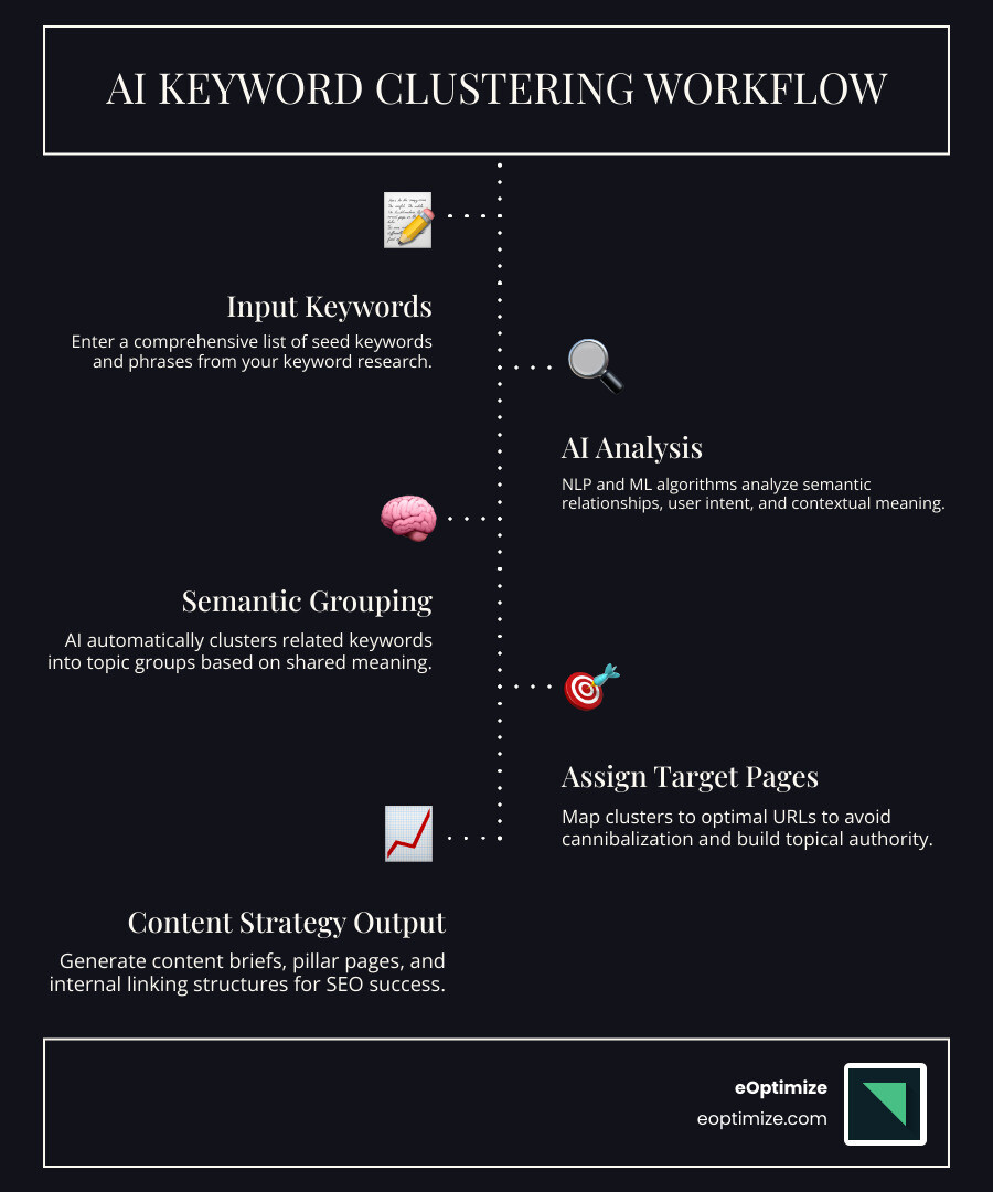 AI keyword clustering workflow: input keywords, AI analysis, semantic grouping, target pages, content strategy output - ai