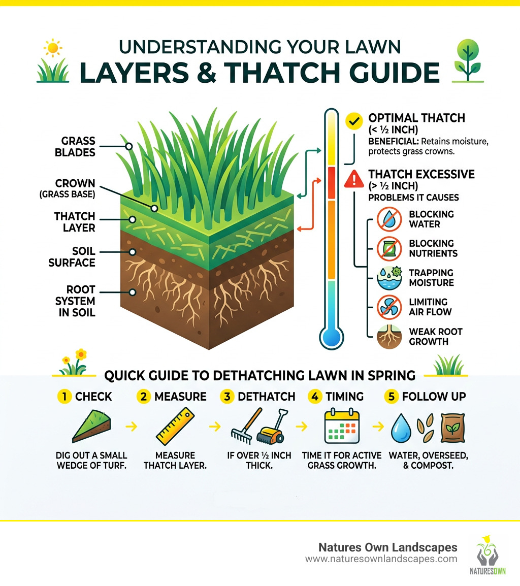 Infographic showing lawn layers from grass blade to soil and thatch thickness guide - dethatching lawn in spring infographic Infographic showing lawn layers from grass blade to soil and thatch thickness guide - dethatching lawn in spring infographic