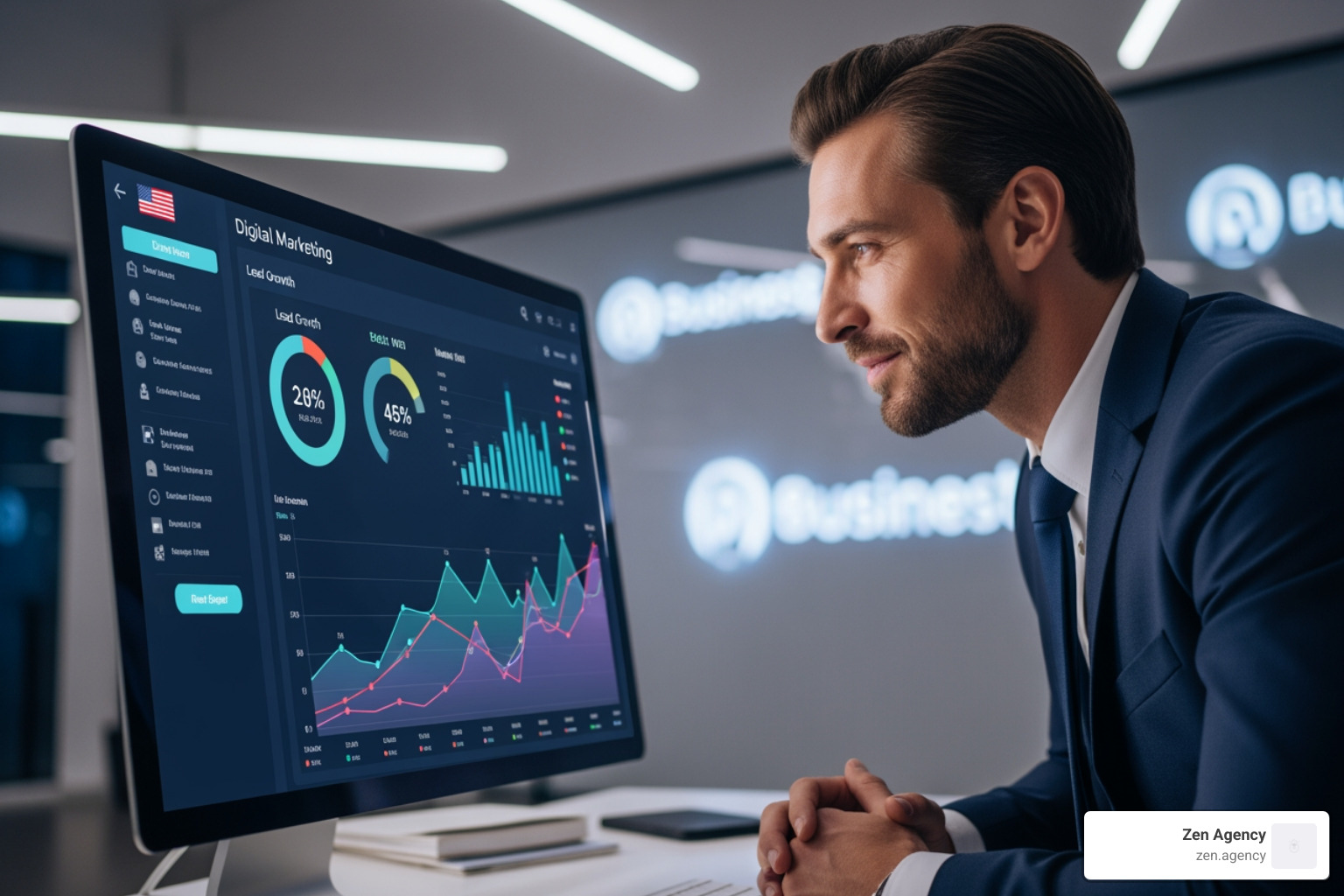 Business owner analyzing a digital marketing dashboard showing lead growth and ROI metrics - google adwords management Business owner analyzing a digital marketing dashboard showing lead growth and ROI metrics - google adwords management