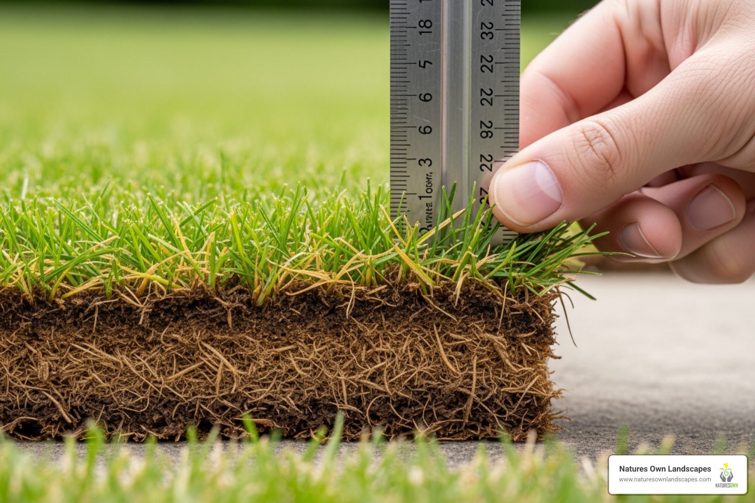 A person using a ruler to measure the thatch thickness of a turf wedge - dethatching lawn in spring A person using a ruler to measure the thatch thickness of a turf wedge - dethatching lawn in spring