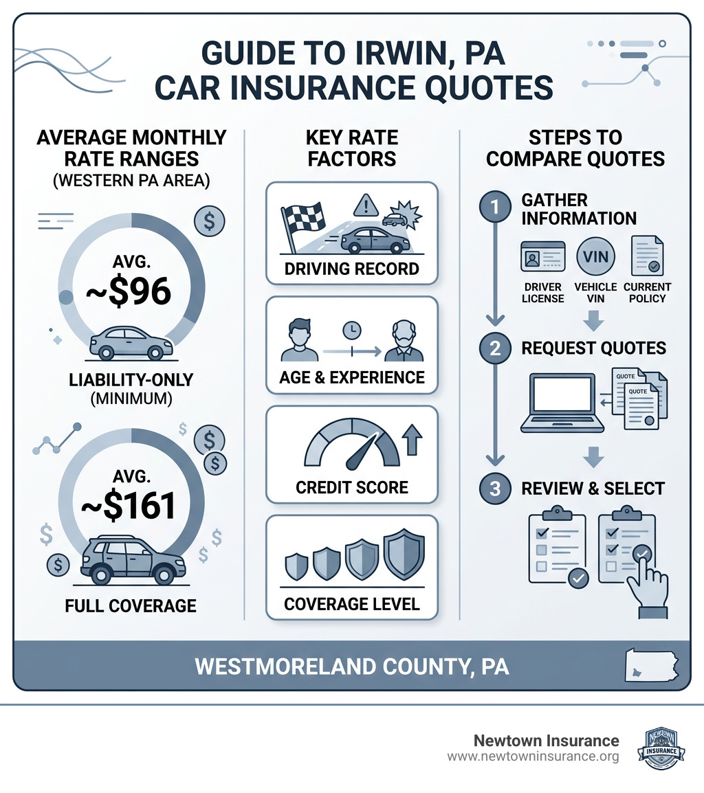 Infographic showing average car insurance quote ranges in Irwin PA, key rate factors, and steps to compare quotes - car Infographic showing average car insurance quote ranges in Irwin PA, key rate factors, and steps to compare quotes - car