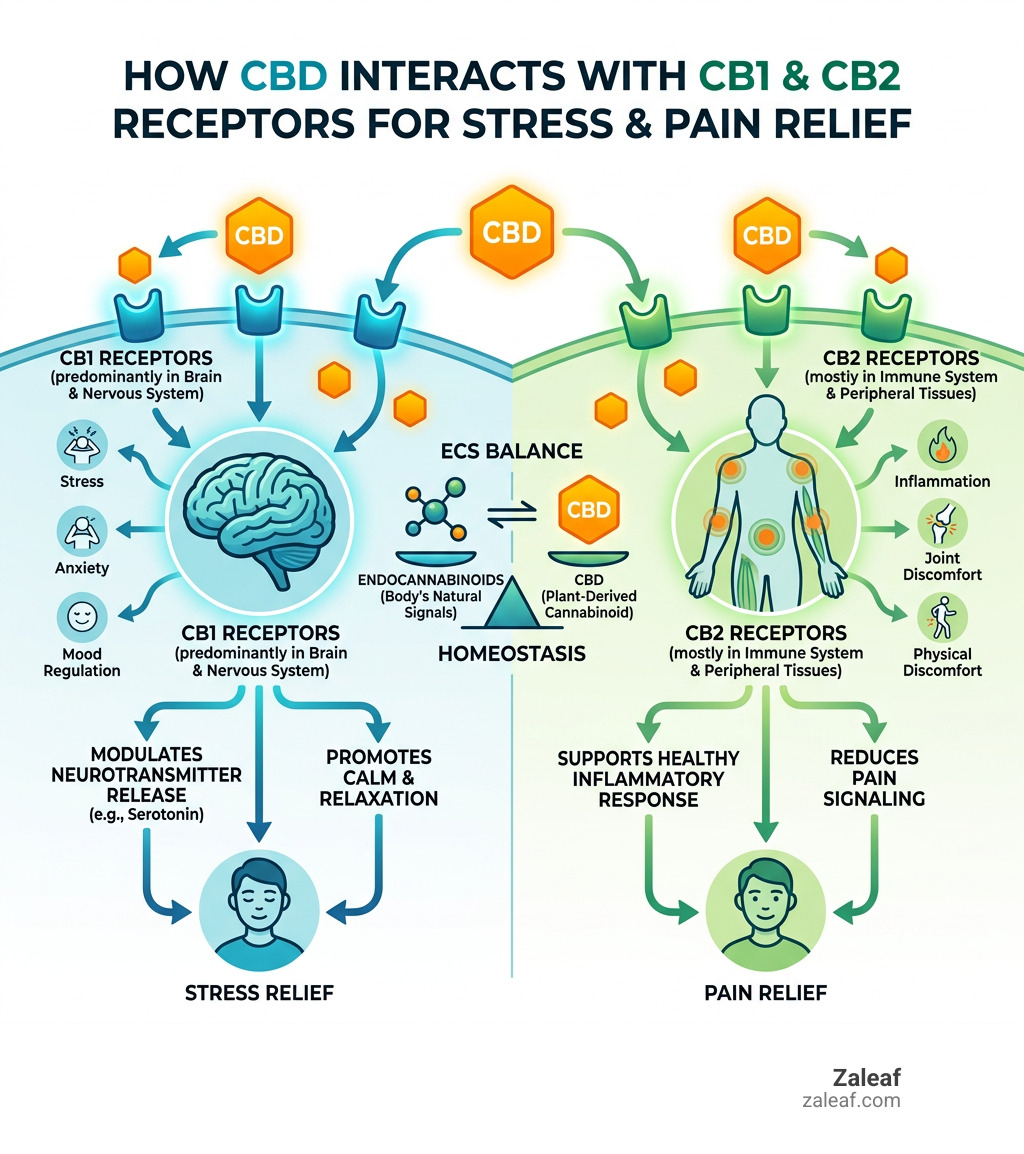 Infographic showing how CBD interacts with CB1 and CB2 receptors for stress and pain relief - cbd oil drops for stress & Infographic showing how CBD interacts with CB1 and CB2 receptors for stress and pain relief - cbd oil drops for stress &
