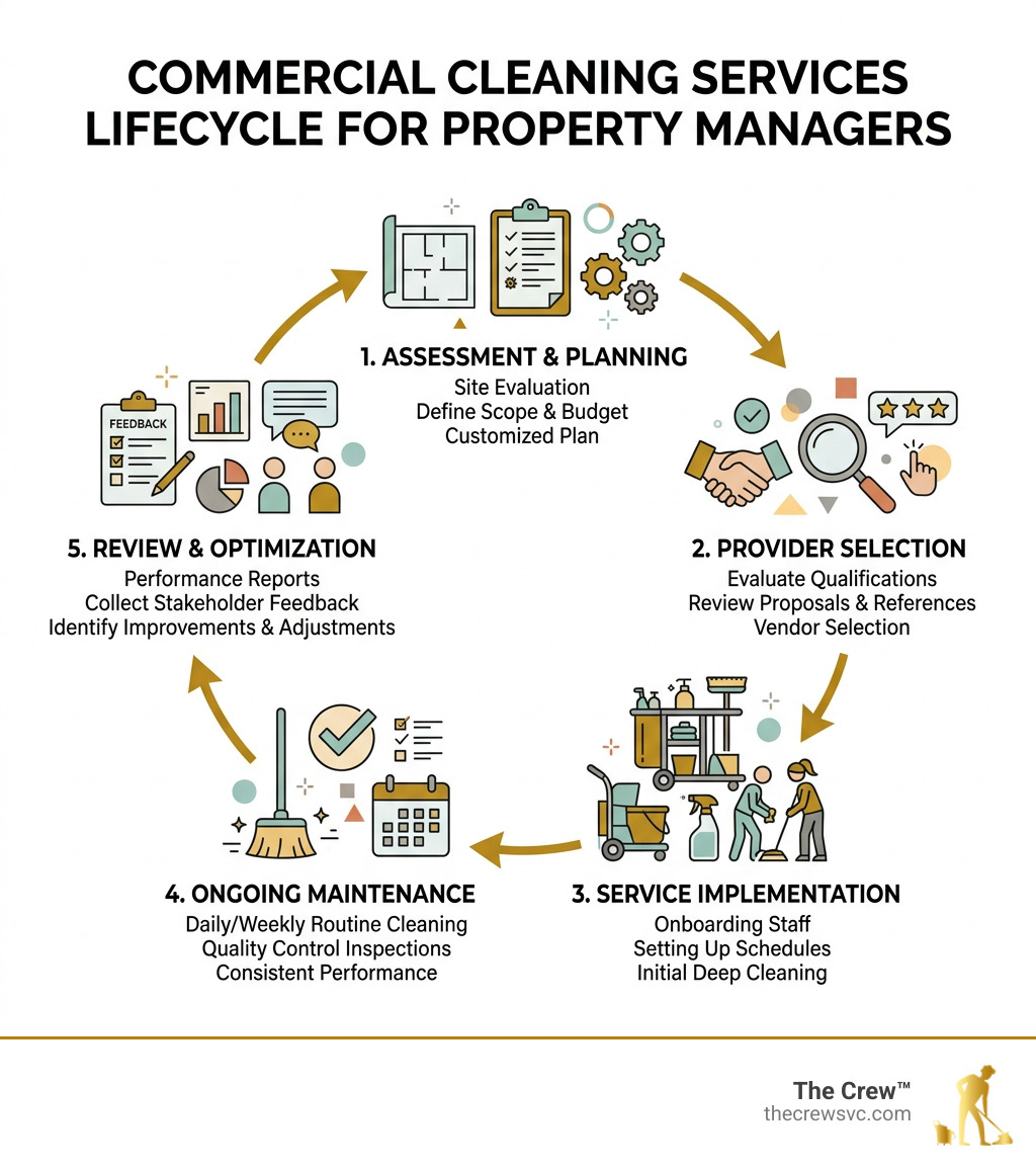 Commercial cleaning services lifecycle infographic for property managers - commercial cleaning janitorial services Commercial cleaning services lifecycle infographic for property managers - commercial cleaning janitorial services