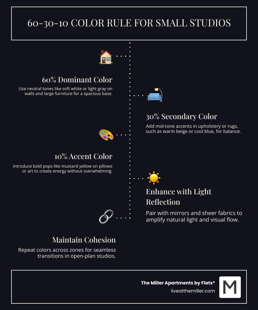 Infographic showing the 60-30-10 color rule and top 6 studio decorating principles for small spaces - studio apartments