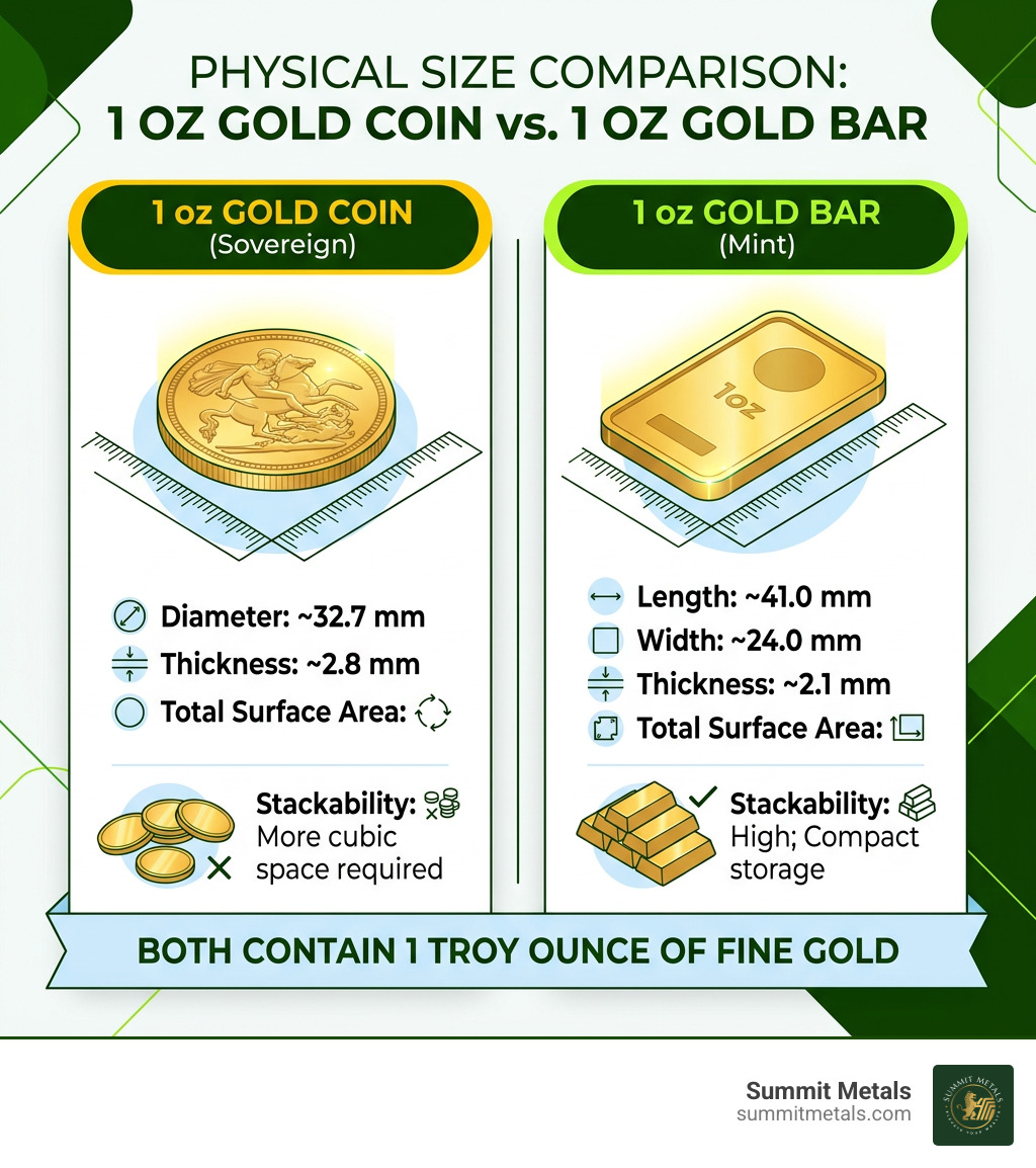 Infographic comparing the physical size of a 1oz coin vs a 1oz bar - gold bars wholesale Utah infographic 