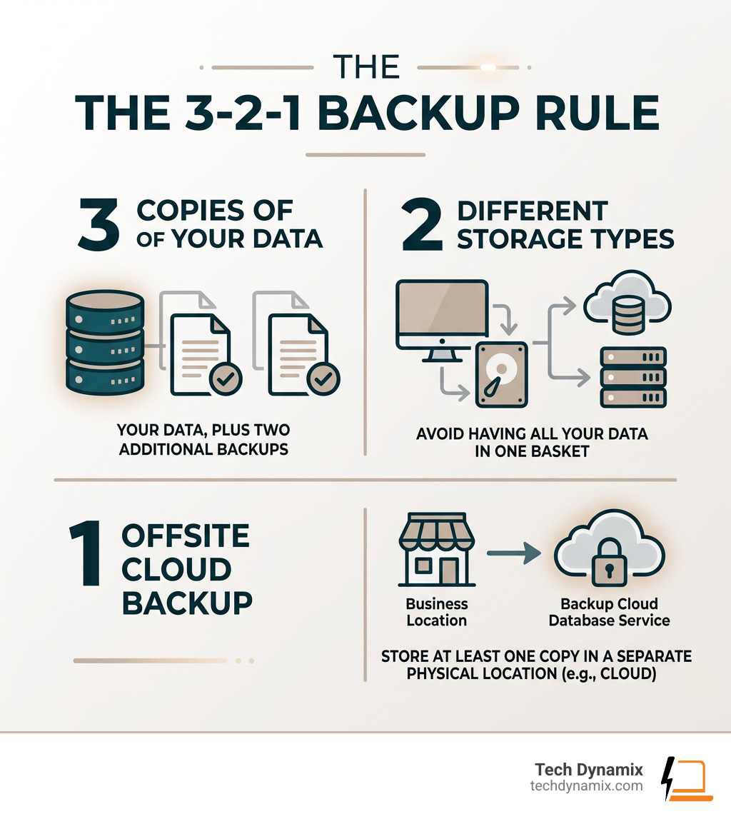 Infographic showing the 3-2-1 backup rule: 3 copies of data, 2 different storage types, 1 offsite cloud backup - backup