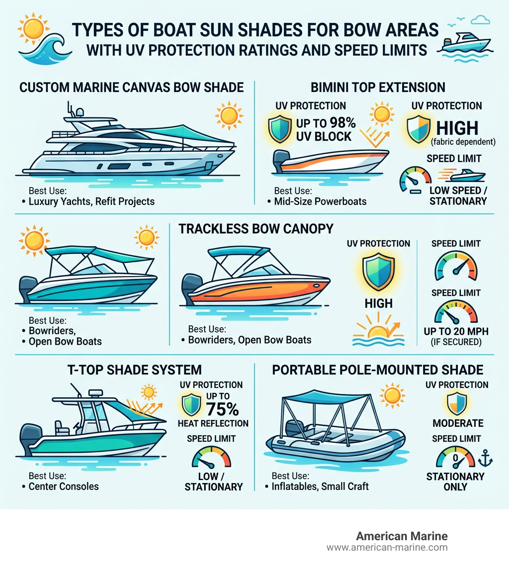 Types of boat sun shades for bow areas with UV protection ratings and speed limits - boat sun shade for bow infographic 