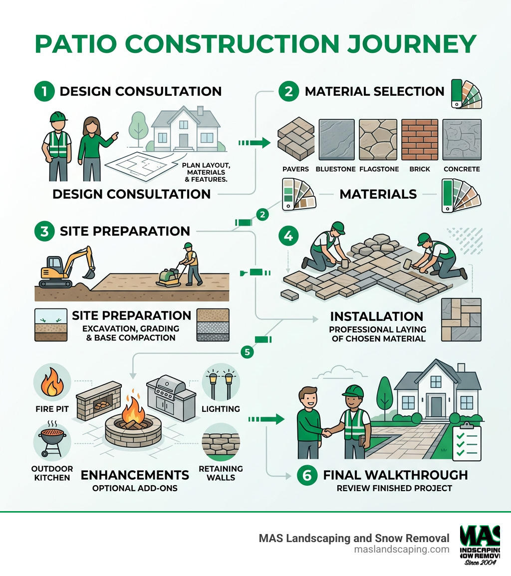 Infographic showing the patio construction journey from consultation to final walkthrough with materials and features