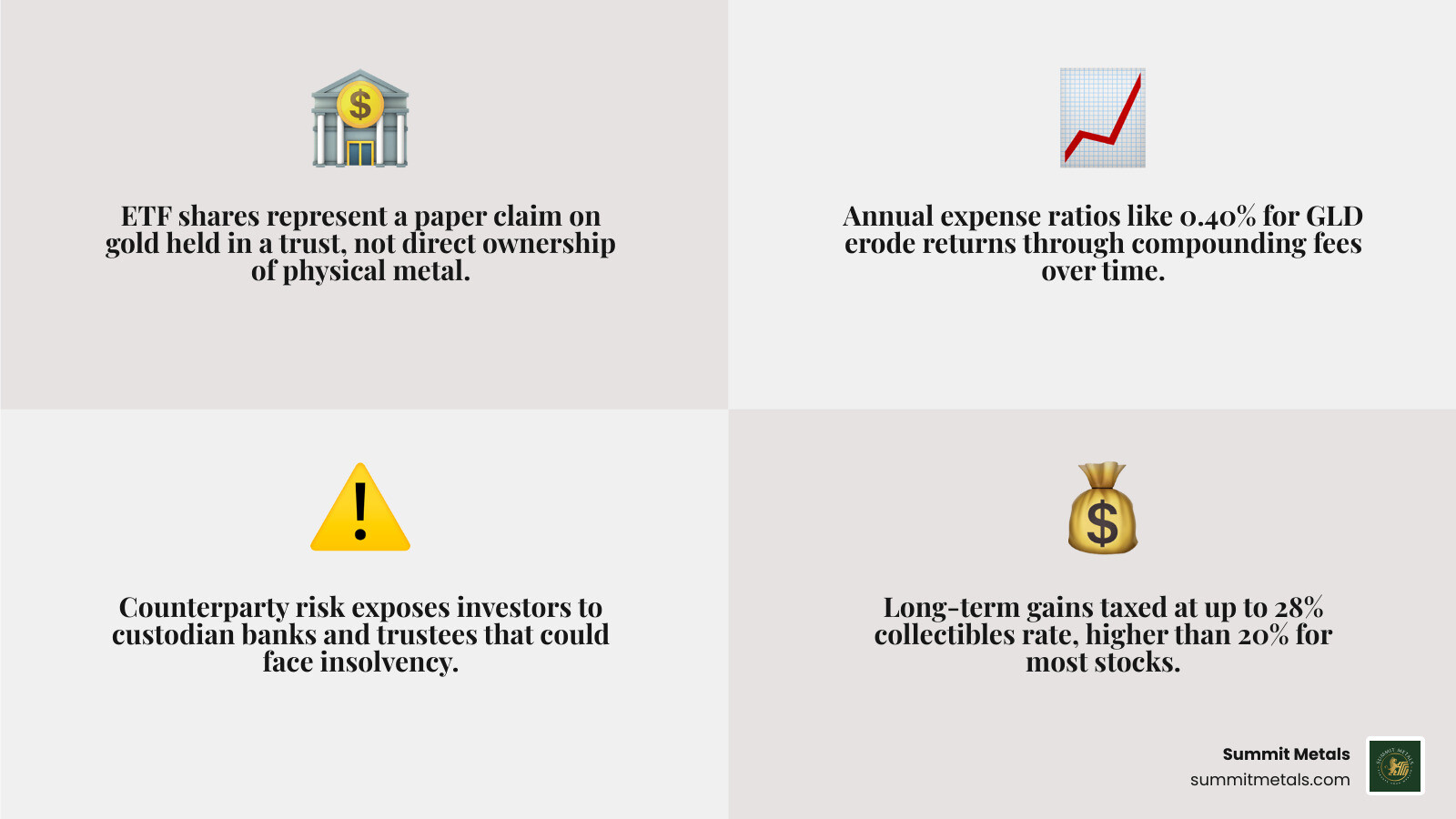 Infographic comparing physical gold ownership vs ETF share claims and key risks - disadvantages of investing in gold etf