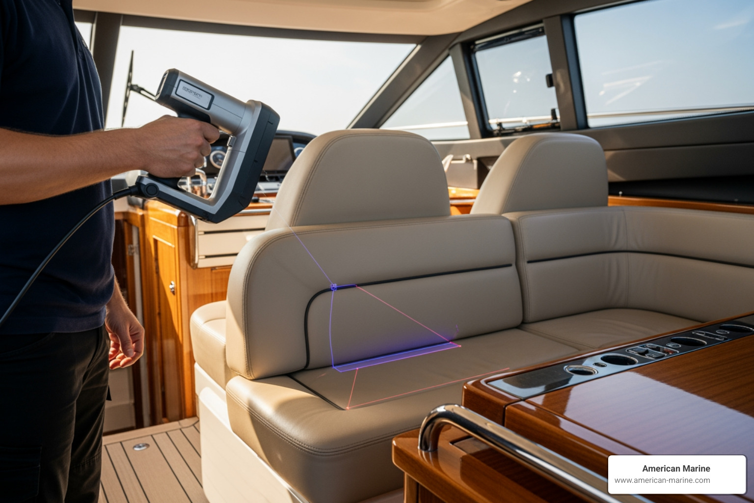 A technician using a 3D Proliner to digitally scan a yacht cockpit for precise upholstery templating - Custom marine