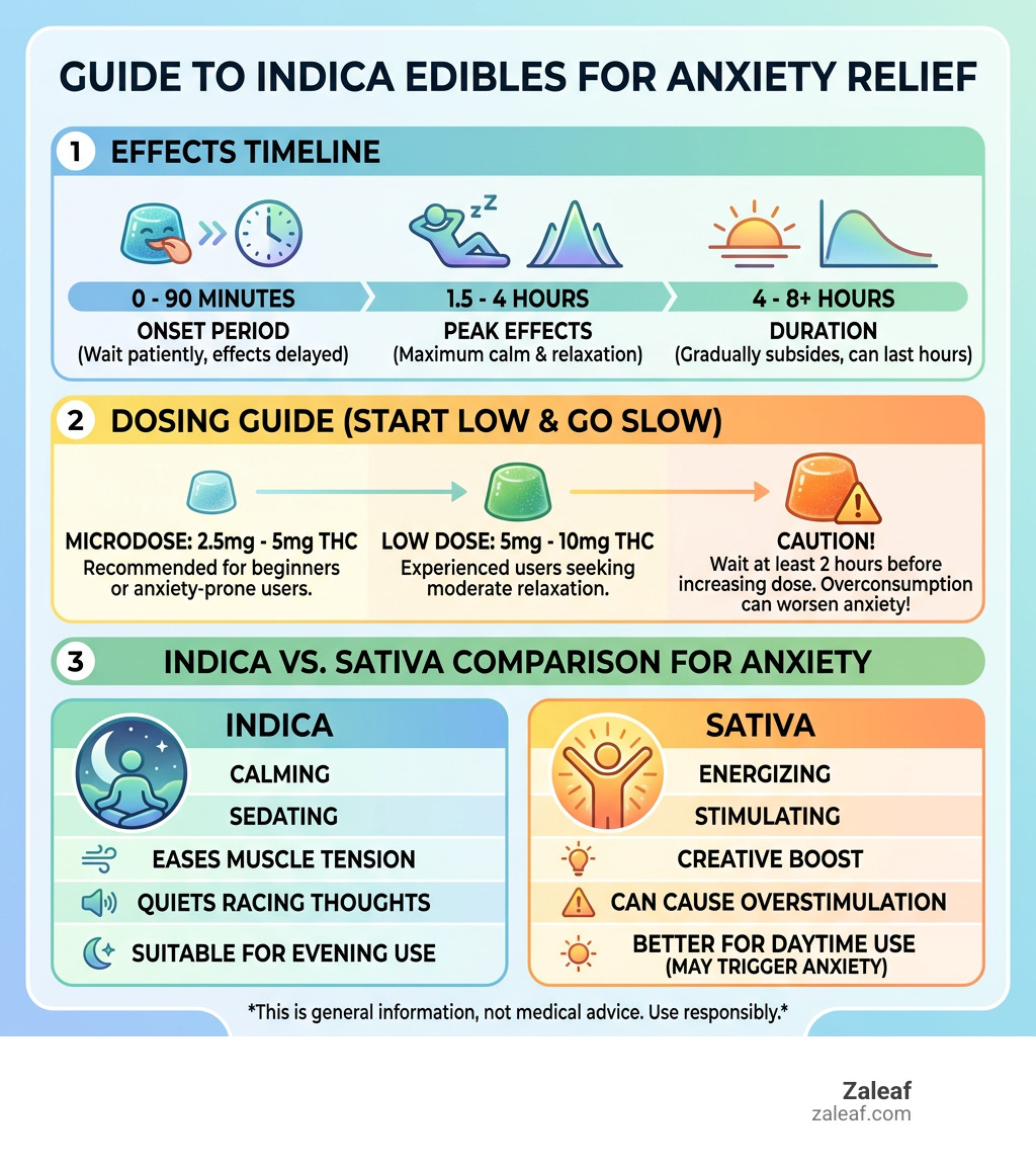 Infographic showing indica edibles effects timeline, dosing guide, and indica vs sativa comparison for anxiety - indica Infographic showing indica edibles effects timeline, dosing guide, and indica vs sativa comparison for anxiety - indica