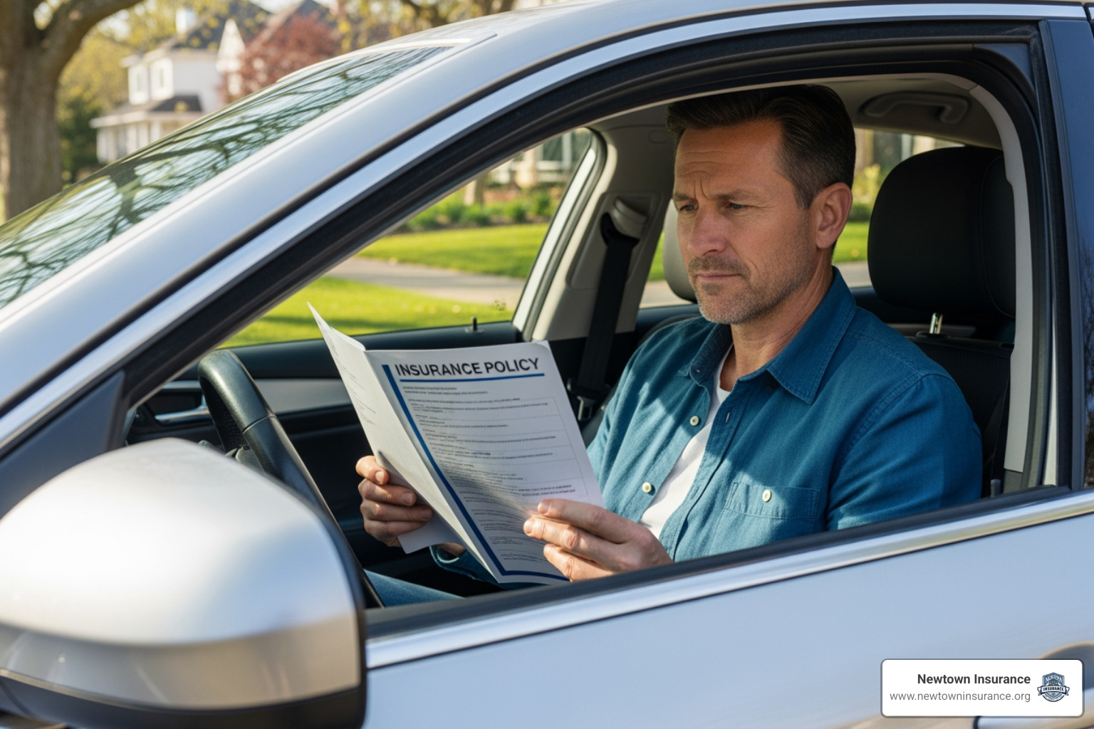 A driver sitting in their car reviewing a new insurance policy document - car insurance quotes in irwin pa A driver sitting in their car reviewing a new insurance policy document - car insurance quotes in irwin pa