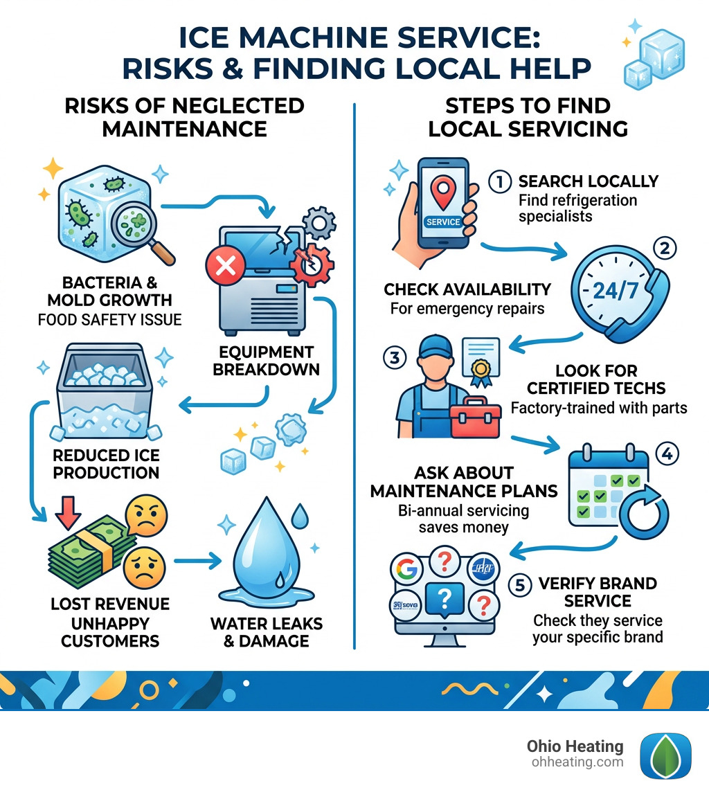Infographic showing risks of neglected ice machine maintenance and steps to find local servicing - ice machine servicing