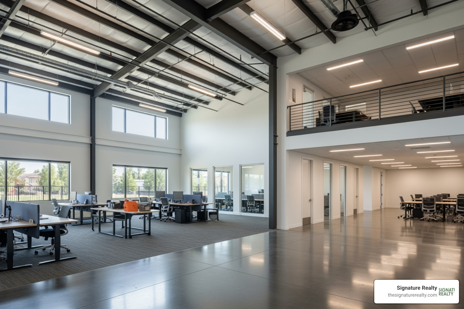 Modern flex-office interior with high ceilings and integrated workspace - flex space medley rental Modern flex-office interior with high ceilings and integrated workspace - flex space medley rental