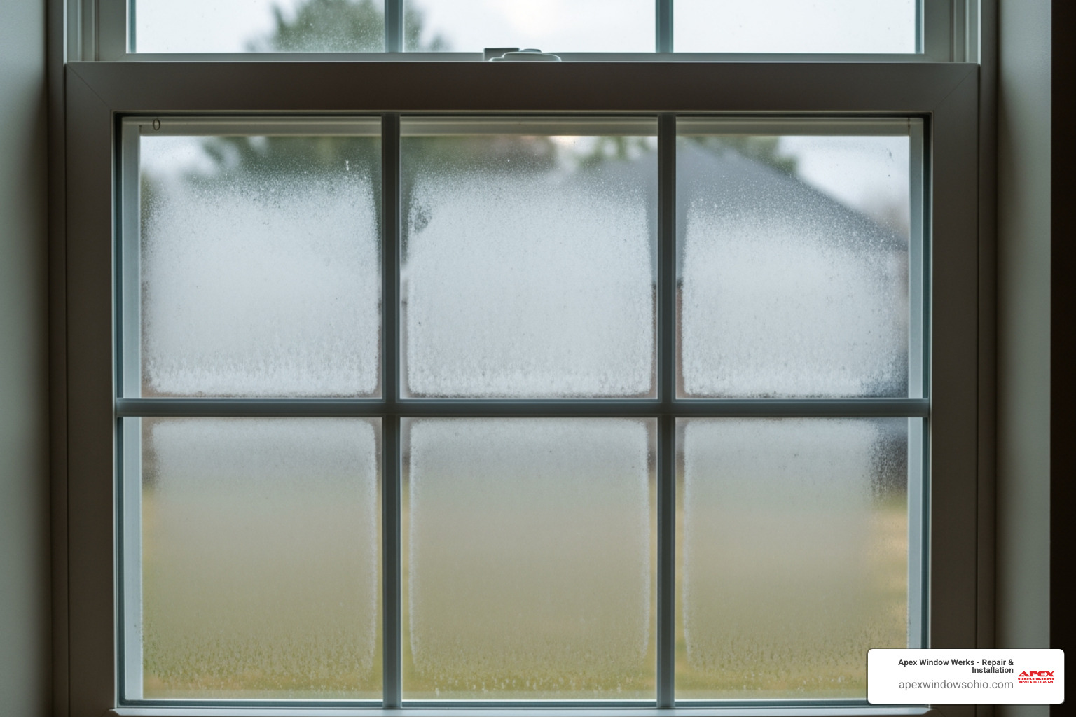 A foggy double-pane window showing moisture trapped between the glass layers due to seal failure - window repair Akron